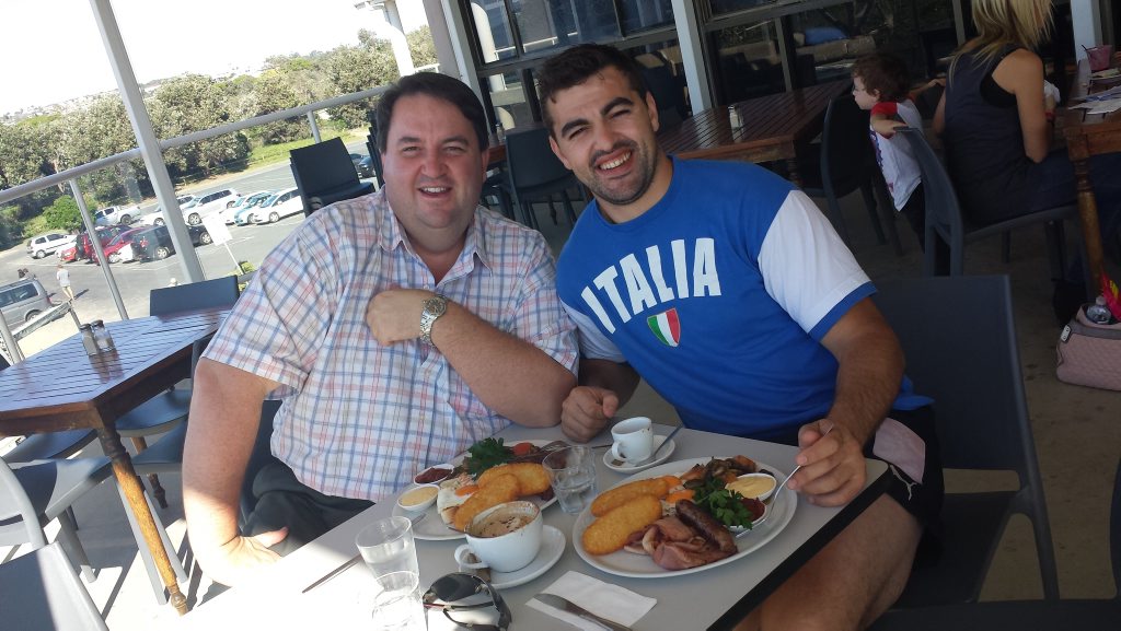 HAPPY: Comets president Steve Gooley enjoys breakfast at Coffs Harbour Surf Club with new recruit Julien Rodriguez. HAPPY: Comets president Steve Gooley enjoys breakfast at Coffs Harbour Surf Club with new recruit Julien Rodriguez.